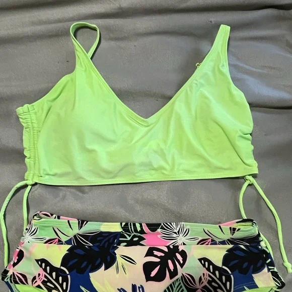 Womens 2 piece BIKINI swimsuit NOBO Lime Green/floral L(11/13)/XL(15-17) - Picture 2 of 5